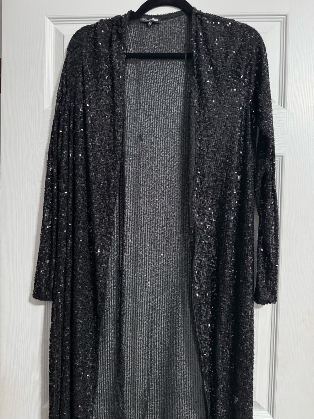 Fashion Nova Black Sequin Long Open-Front Cardigan